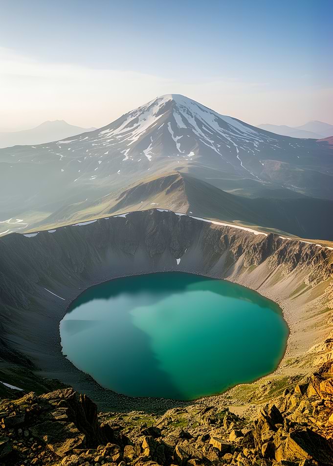 Volcanic Crater Lake and Snow-Capped Mountain