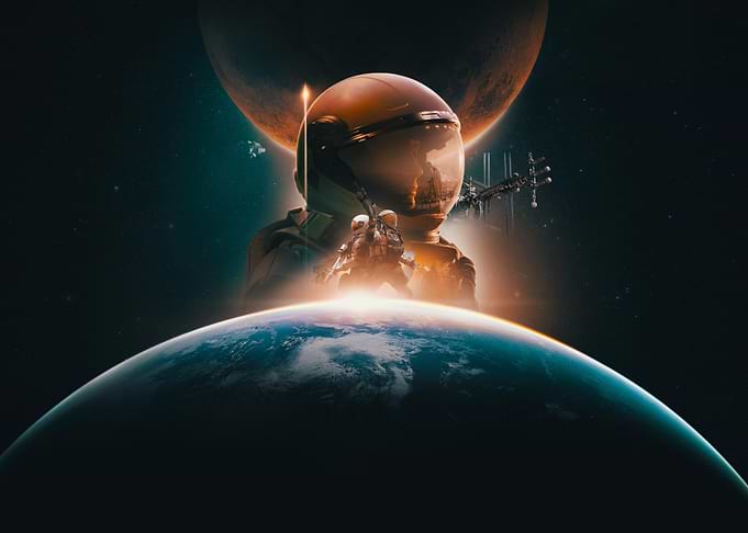 Astronaut in Space with Earth and Planets