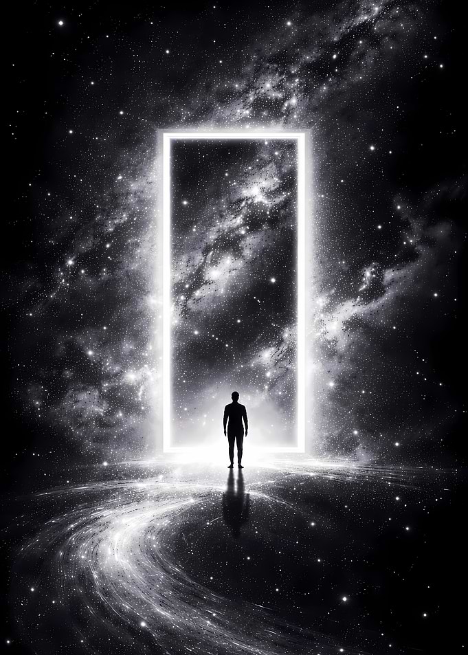 Man at glowing portal in space