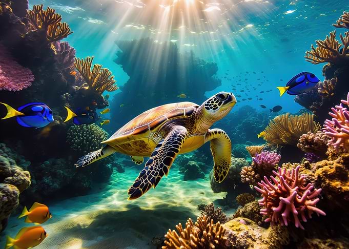 Sea Turtle Swimming in Coral Reef
