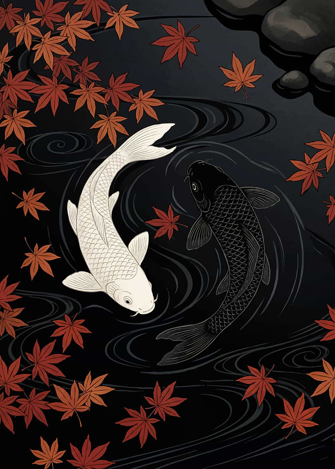 Yin Yang Koi Fish with Maple Leaves