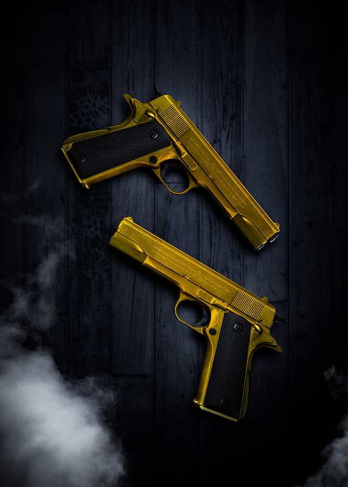 Golden Pistols on Dark Wood