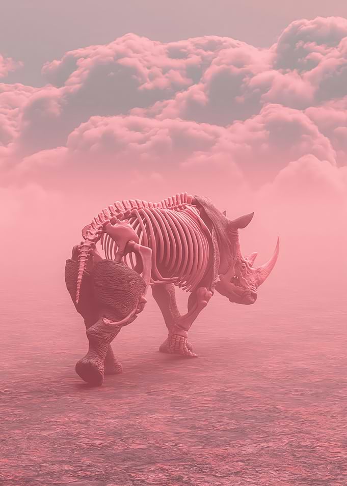 Rhino Skeleton in Pink Clouds