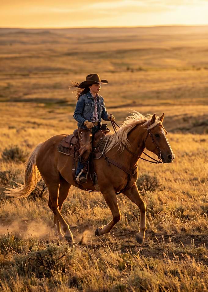 Cowgirl Riding Horse at Sunset