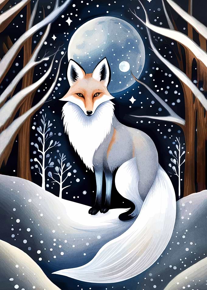 Fox in a Snowy Forest at Night