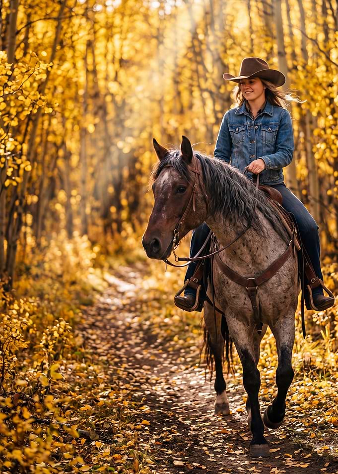 Cowgirl Riding Horse in Autumn Forest