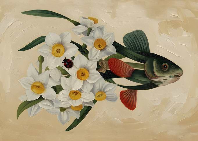 Surreal Fish with Daffodils and Ladybug