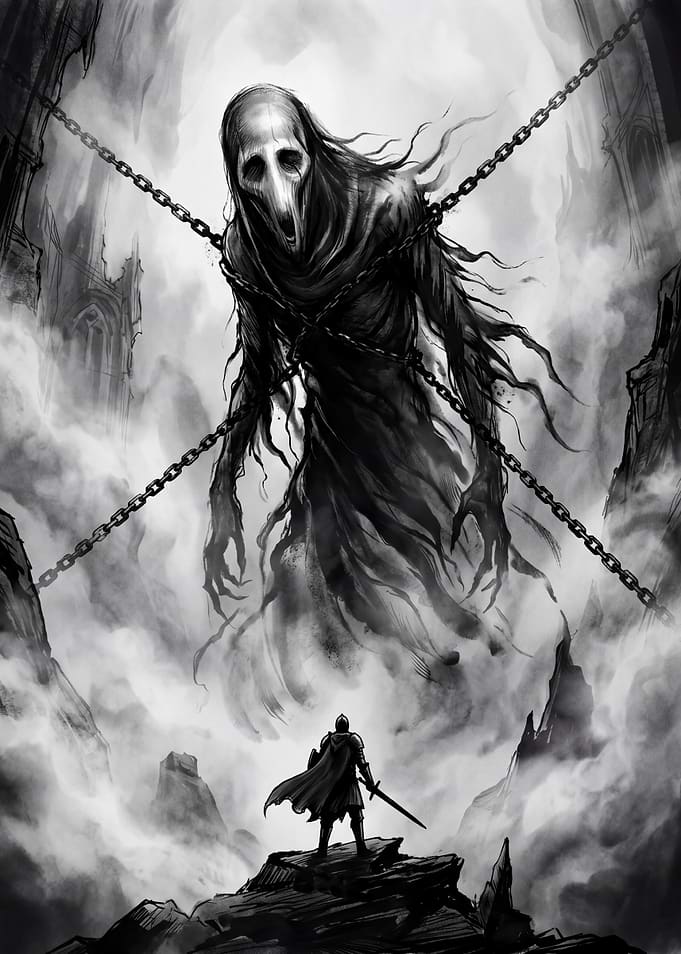 Knight faces chained monster in misty ruins