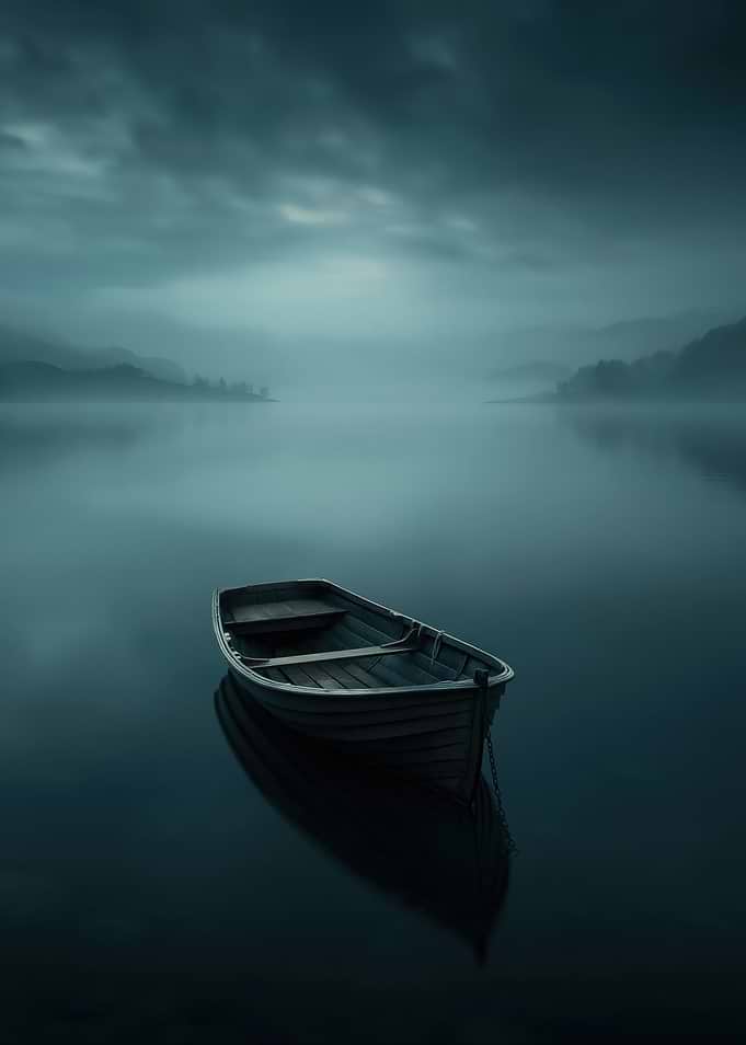 Serene Boat on Misty Lake