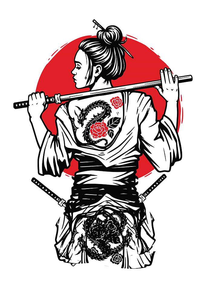 Geisha with Dragon Tattoo and Swords