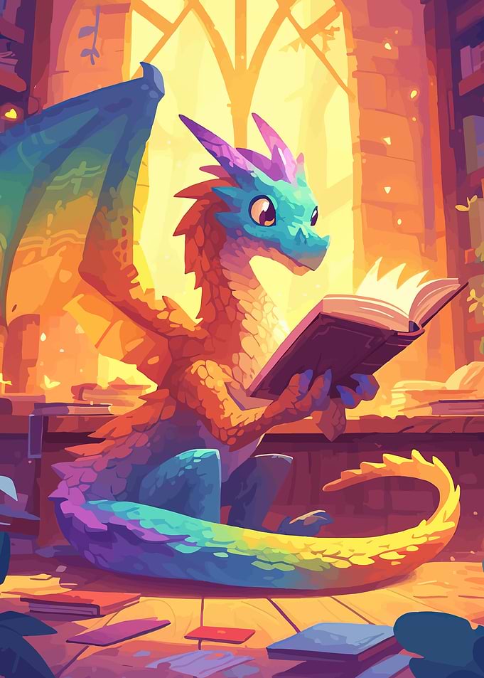Rainbow Dragon Reading a Book