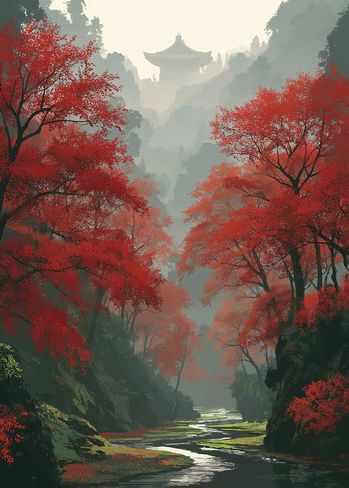 Misty Japanese Valley with Red Maple Trees