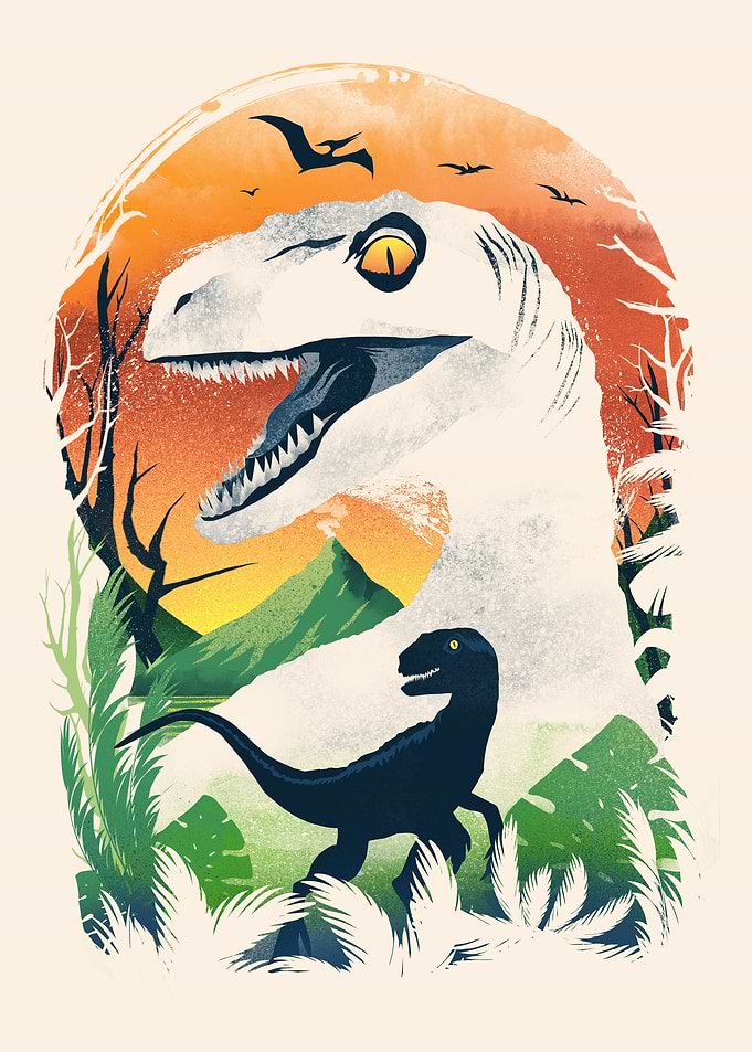 Dinosaurs in a prehistoric landscape