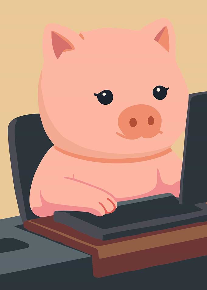Cute Pig Working on Laptop