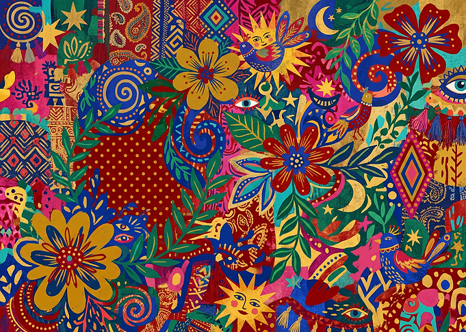 Vibrant Floral and Folk Art Collage