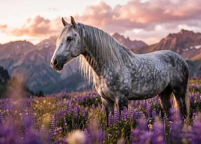 Majestic Horse in a Field of Lupines