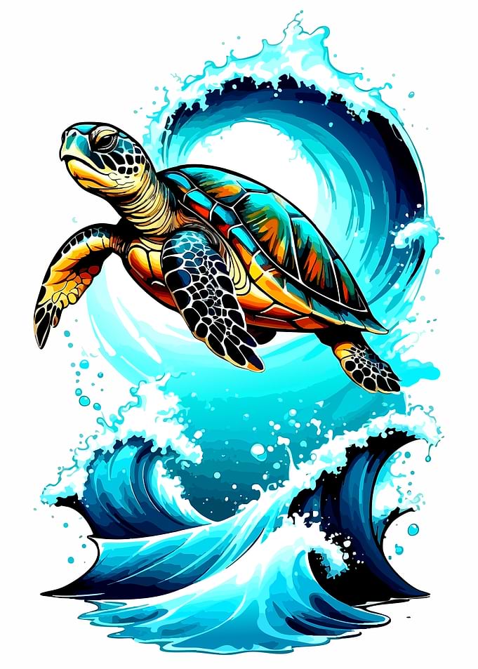 Sea Turtle Surfing on Waves