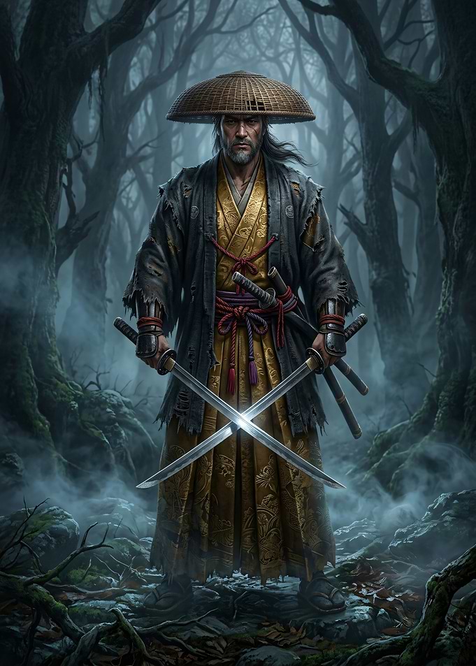 Samurai Warrior in Misty Forest