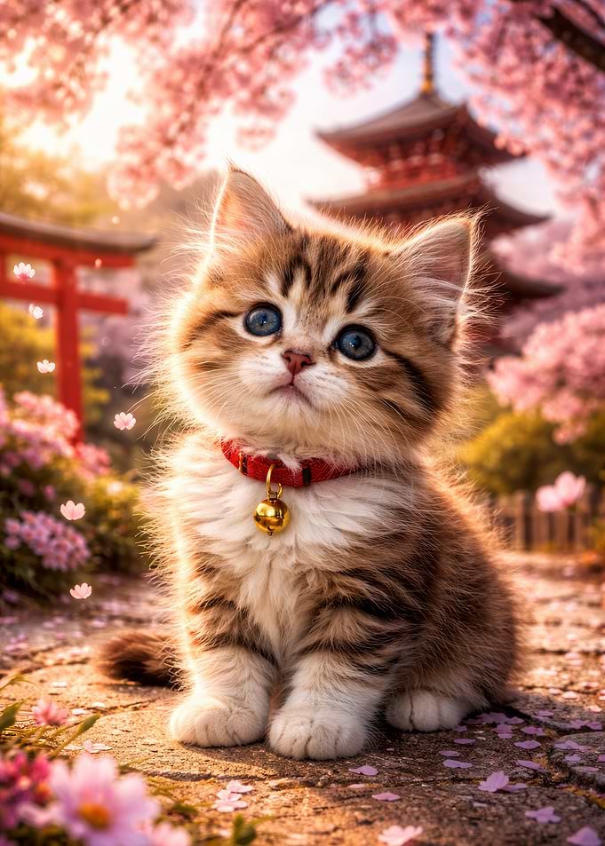 Cute Kitten in Cherry Blossom Garden
