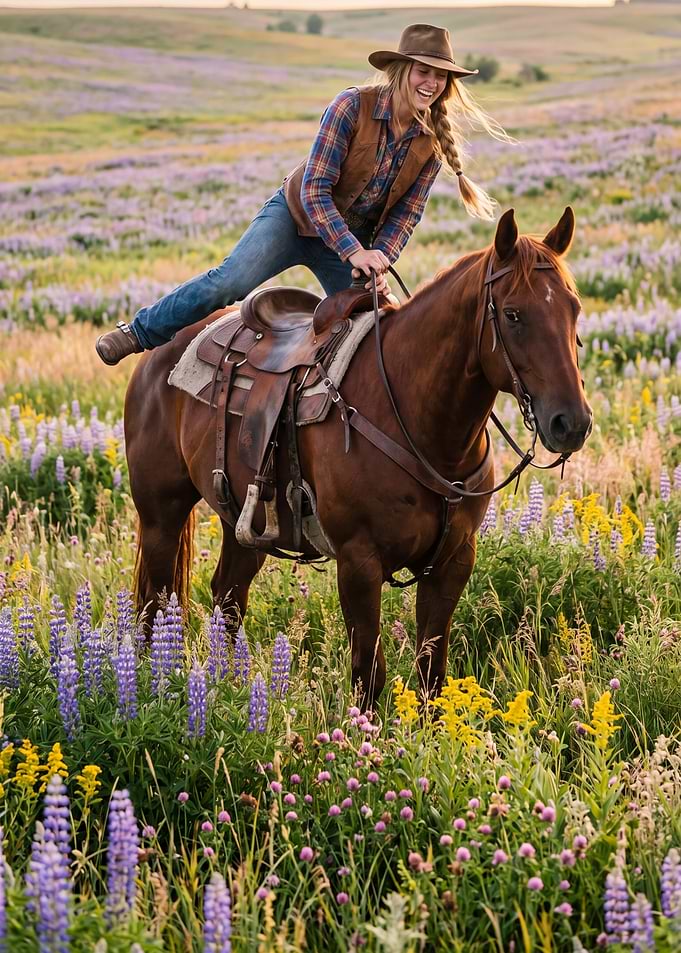 Cowgirl Riding Horse in Wildflowers