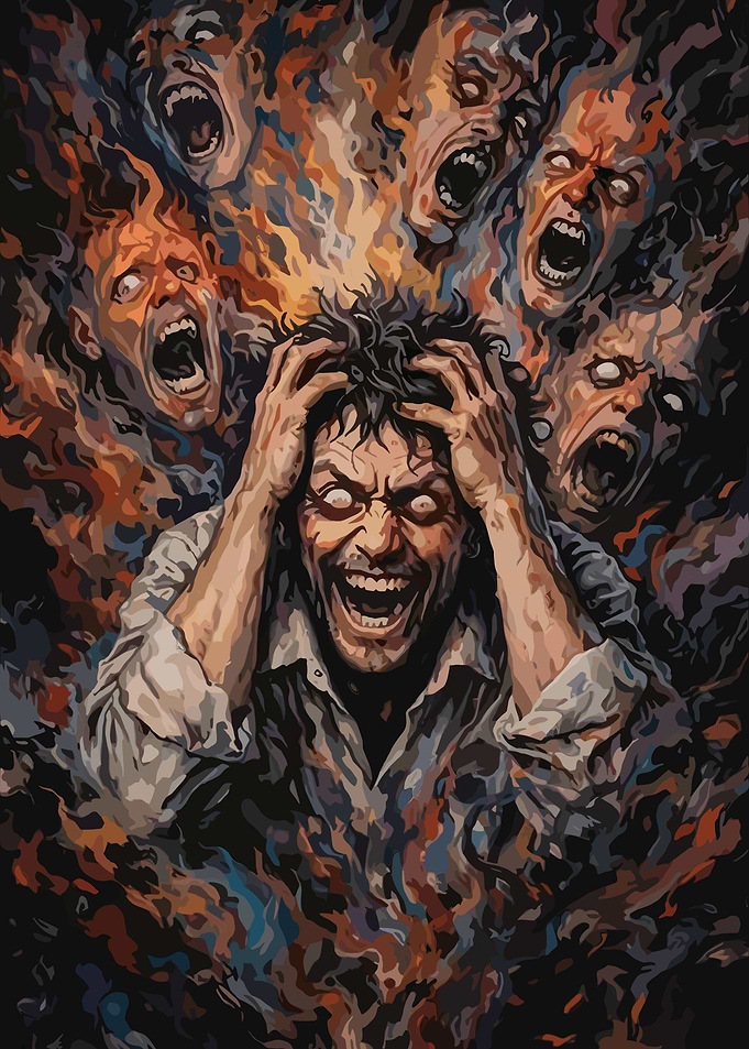 Man Screaming Surrounded by Tormented Faces
