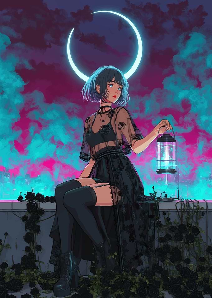 Gothic Girl with Lantern Under Crescent Moon