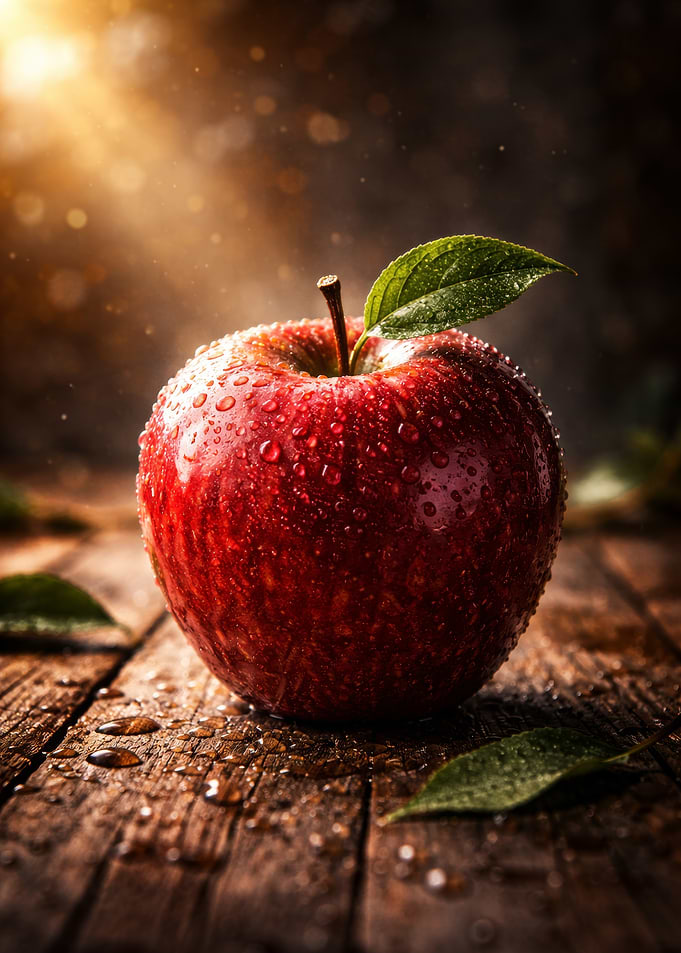 Dewy Red Apple on Wooden Table