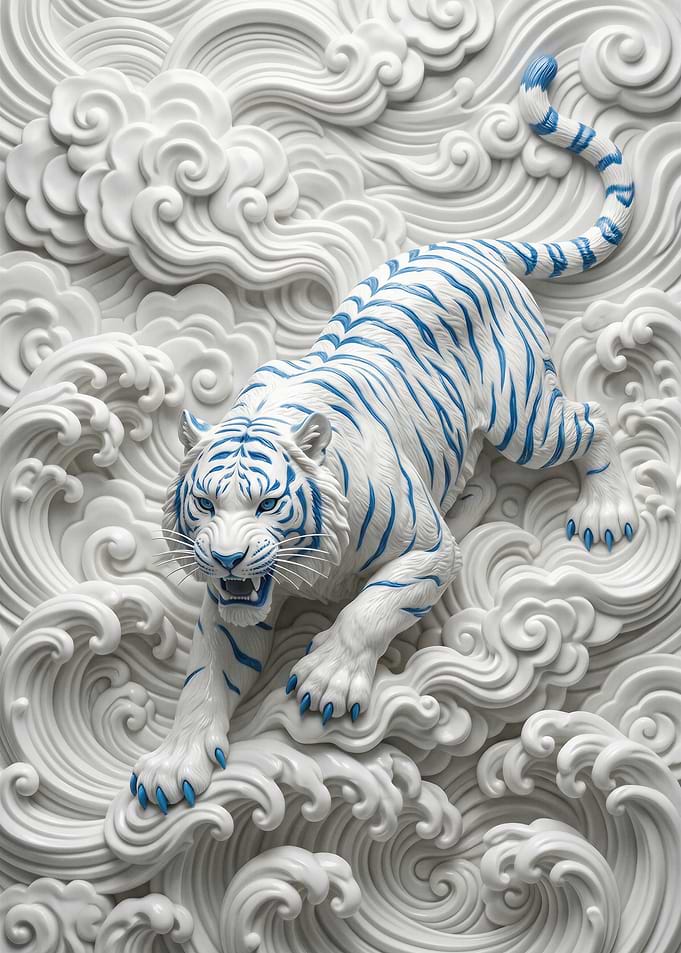 White Tiger with Blue Stripes on Waves