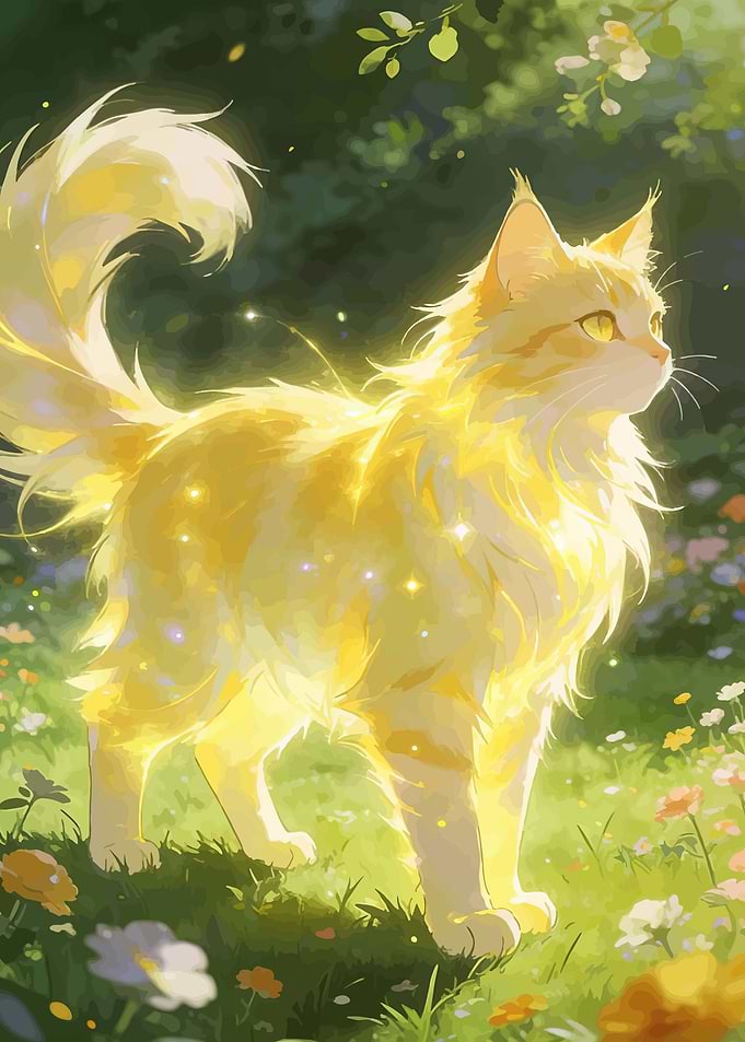 Golden Cat in a Floral Meadow