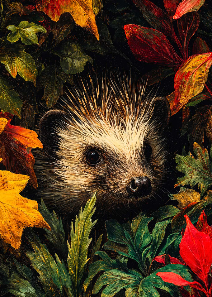 Hedgehog Peeking Through Autumn Leaves
