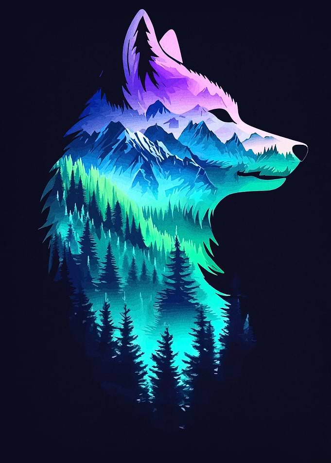 Wolf Silhouette with Mountain Landscape