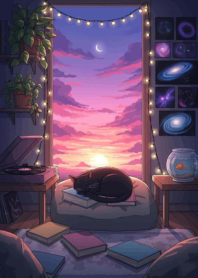 Cozy room with cat and sunset view