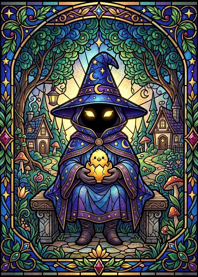 Wizard Holding a Chick in a Stained Glass Style
