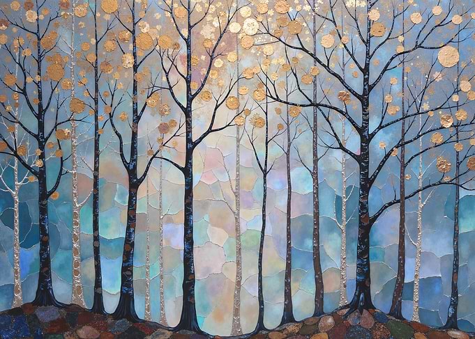 Golden Trees in Misty Forest