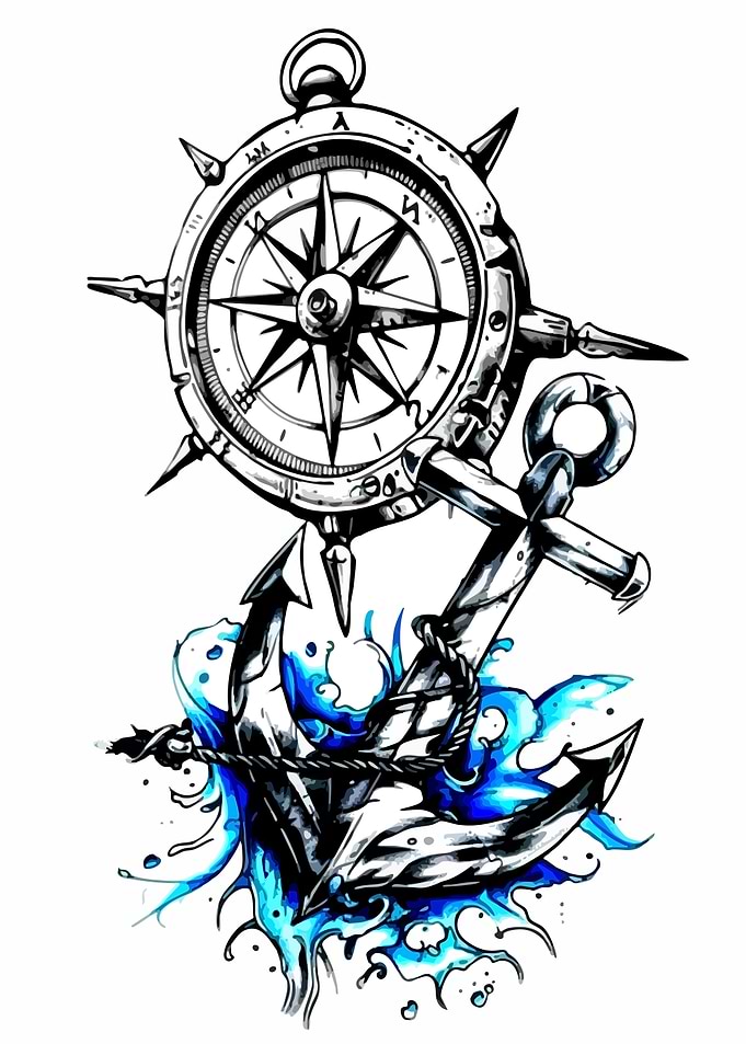 Nautical Compass and Anchor Tattoo Design