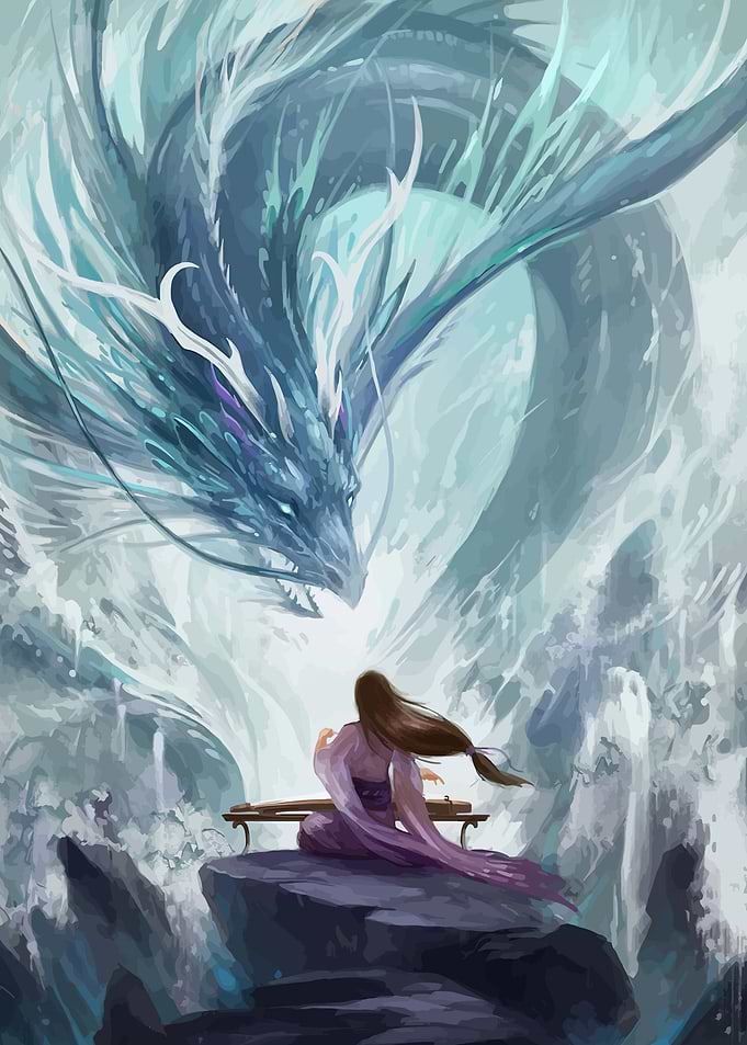 Woman Playing Music for a Dragon