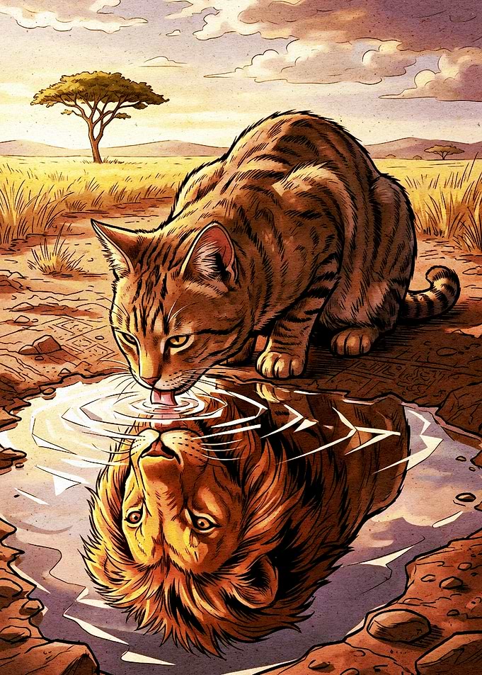 Cat Reflects as Lion in Puddle
