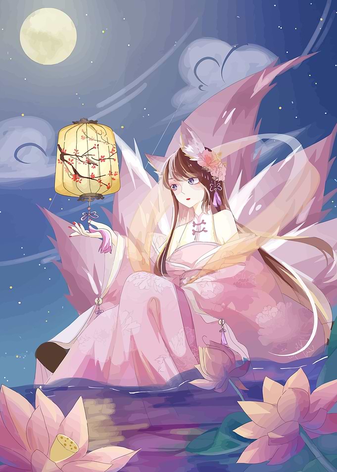 Kitsune Girl with Lantern by Moonlit Pond