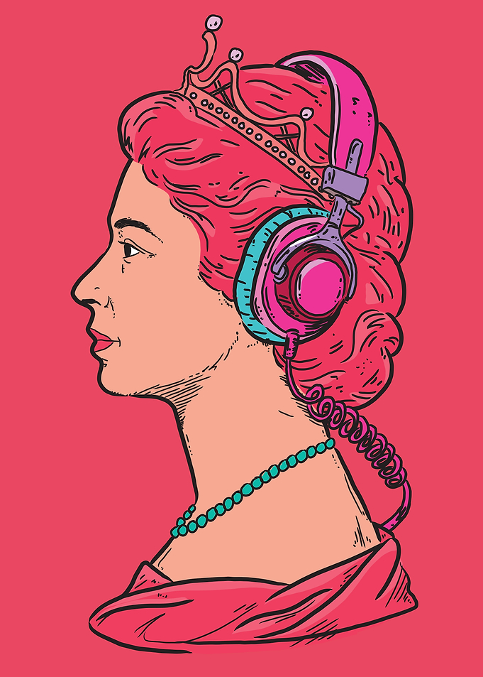 Queen Elizabeth with Headphones