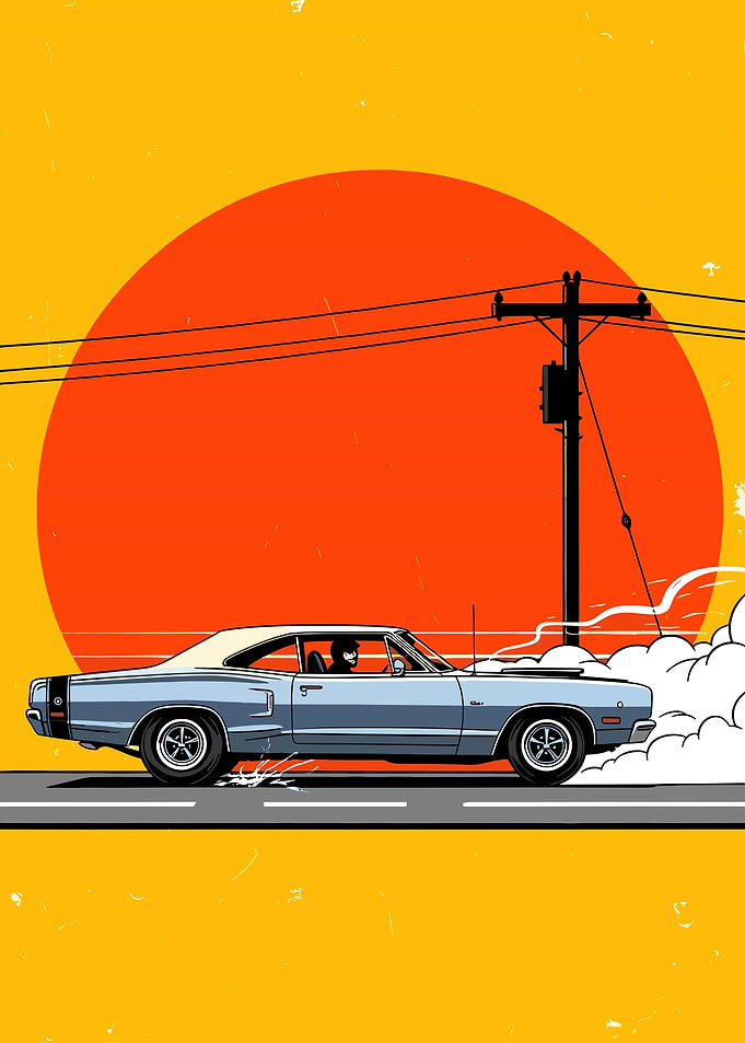 Classic Car Drifting at Sunset