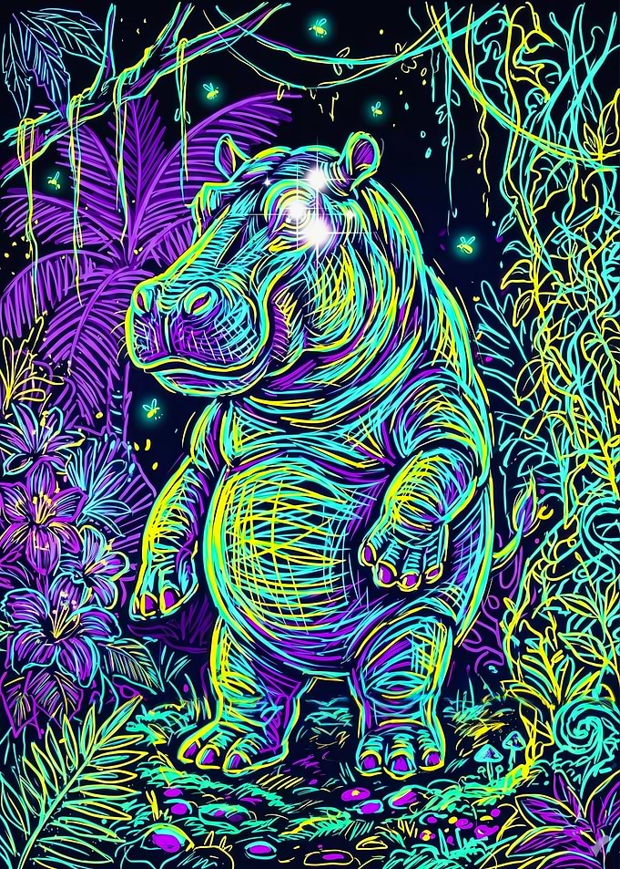 Vibrant Neon Hippo Jungle Graffiti