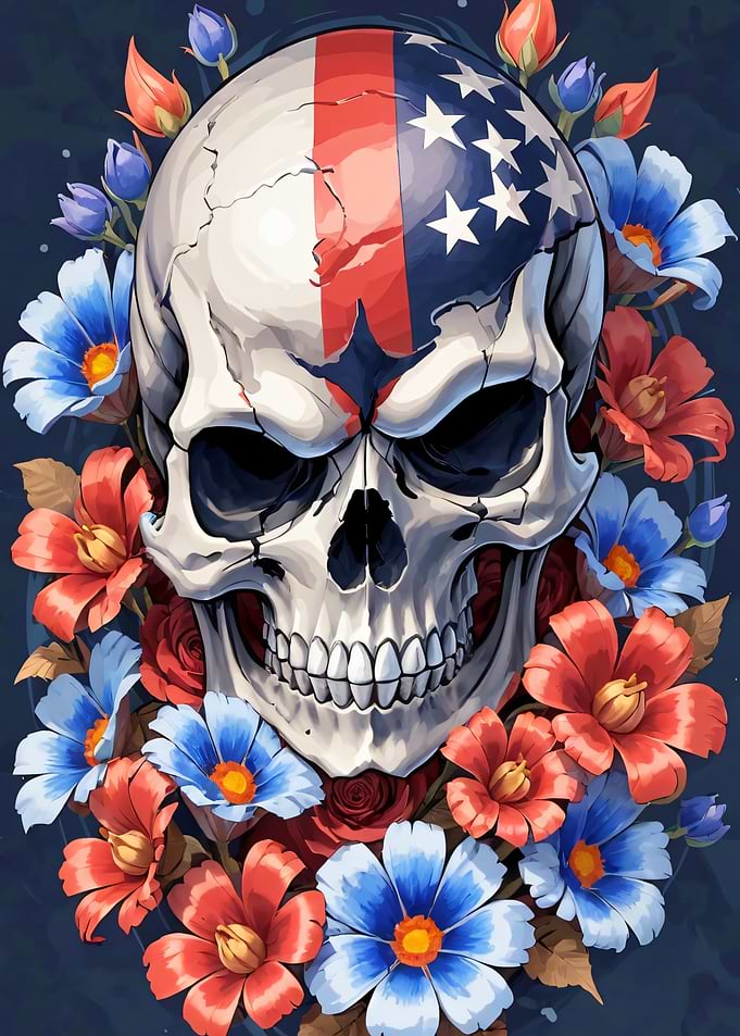 Skull with American Flag and Flowers