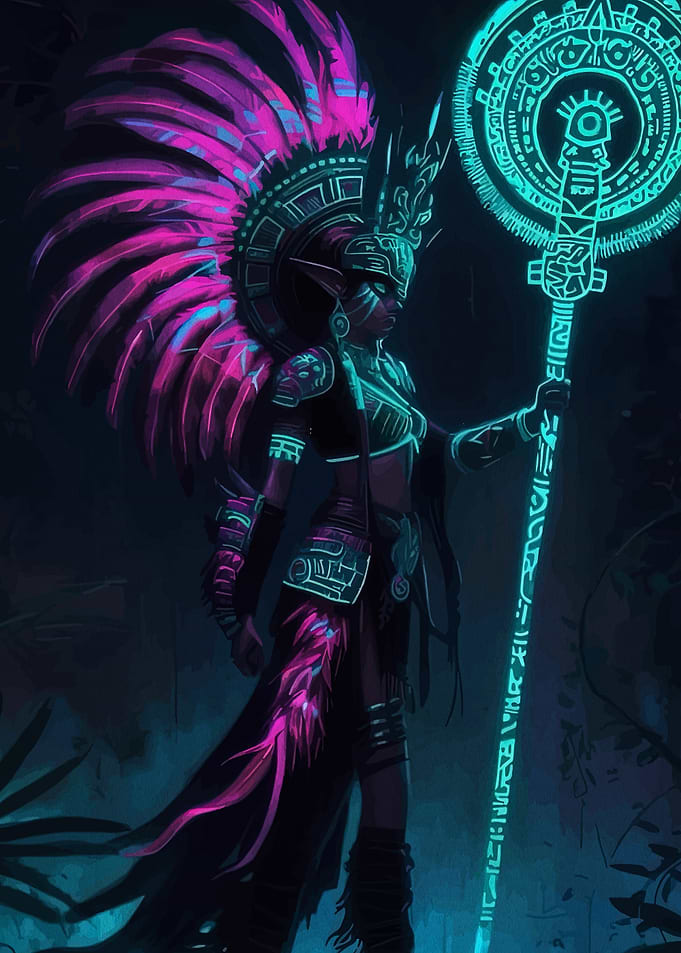 Fantasy Warrior with Neon Headdress and Staff