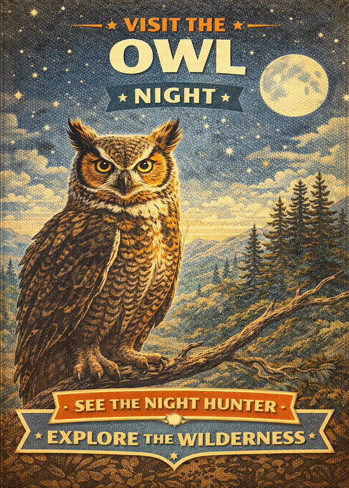Vintage Owl Night Poster