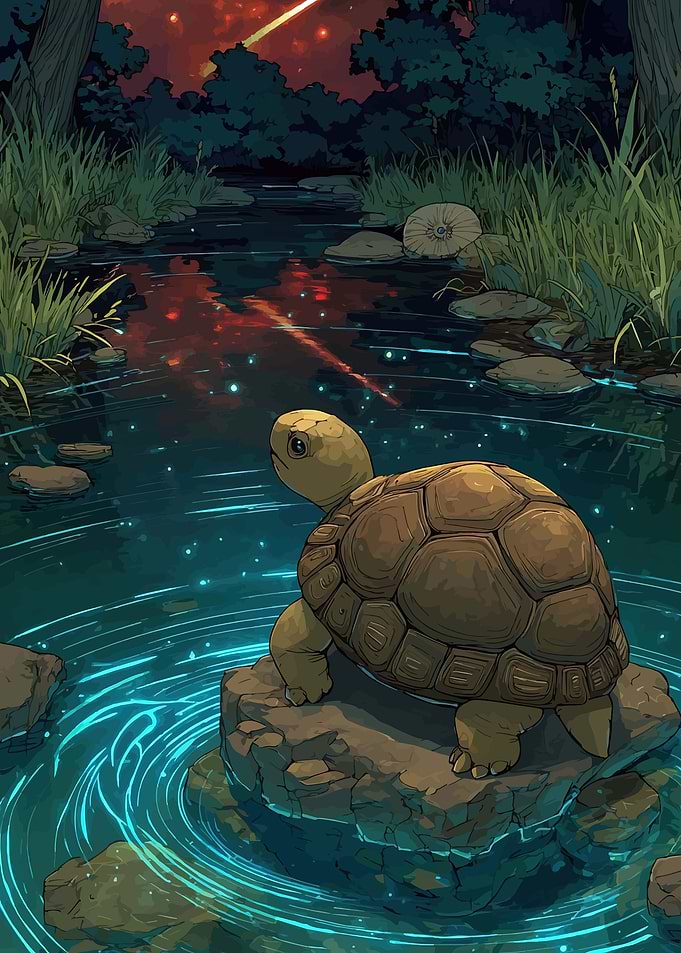 Turtle watches meteor shower by stream