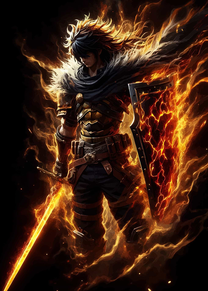 Fiery Warrior with Sword and Shield