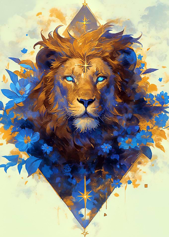 Majestic Lion with Blue Flowers