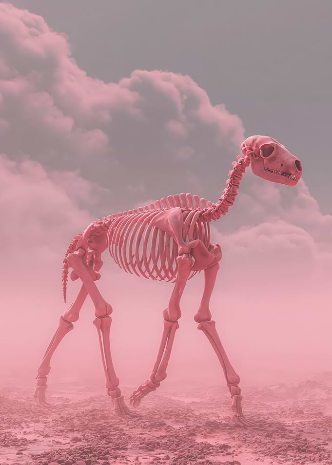 Pink Skeleton Dog in Foggy Landscape