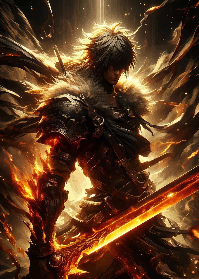 Fiery Warrior with Glowing Sword