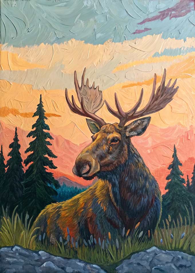 Moose in a Mountain Landscape Painting